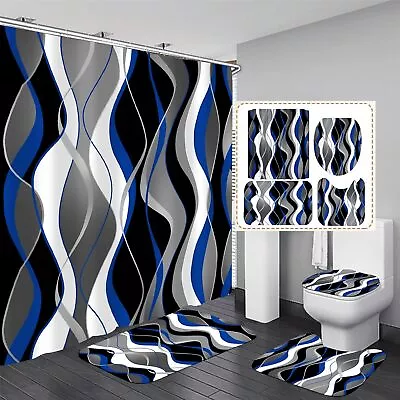 4Pcs Blue And Black Striped Shower Curtain Set Grey And White Bathroom Sets Rugs • $26.81