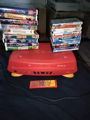 RARE Disney RED Mickey Mouse DVD & VCR Combo Player &Remote Tons Of Kids Movies • $52