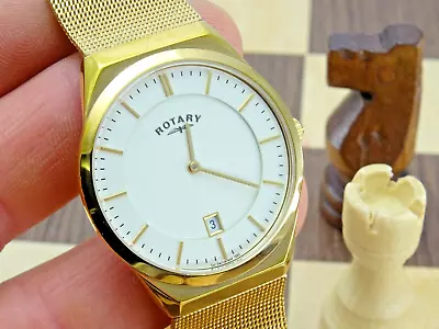 ROTARY ULTRA SLIM Men's 36mm Slim Line Gold Mesh Date Wristwatch GB02613/03 • £11.25