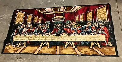 Beautiful Vtg Velvet Tapestry Christ Last Supper Red Gold Blue White Italy 20x40 • $35