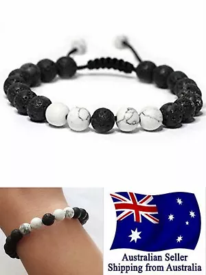 Healing White Black Lava Stone Bracelet Oil Diffuser Adjustable Woven Rope 1pc • $7.95