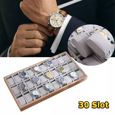 30 Slot Men Watch Box Wooden Display Case Show Tray Jewelry Storage Organizer • $38.98