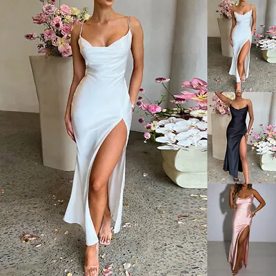 Sexy Womens Silk Satin Split Maxi Dress Cocktail Party Evening Bodycon Long Gown • £13.49