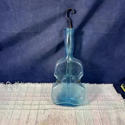 Vintage Aqua Glass Figural Violin Shaped Bottle Vase W Hanging Wire Wall Sconce • $14.77