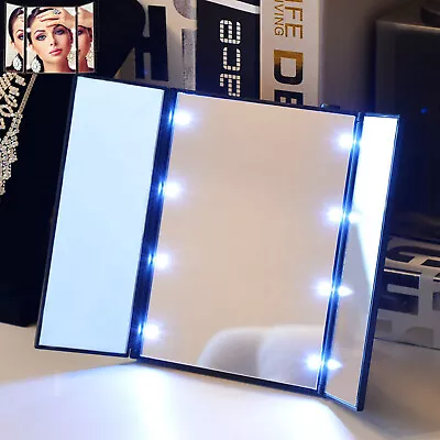 Makeup Mirror Tri-sided Foldable Cosmetic Square Beauty Vanity With 8 LED Lights • $14.98