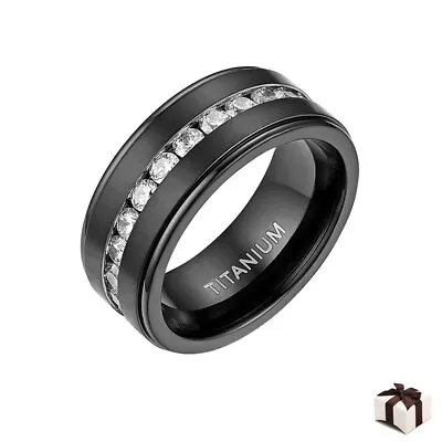 8MM Black Titanium Mens Princess Cut Black CZ Brushed Wedding Ring Promise Band • $12.34