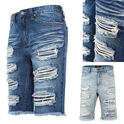 Victorious Men's Casual Distressed Repaired  Slim Fit Denim Shorts DS2079 • $32.95