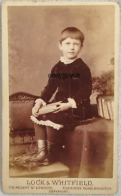 Cdv Boy Wearing Dress Buttoned Boots Lock Whitfield Fringe Hair Book Chair Photo • $6.15