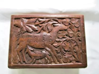 Hand Carved  Hinged  Wooden Jewelry Or Trinket Box. Deer Feeding Fawn.  5  By 7  • $18