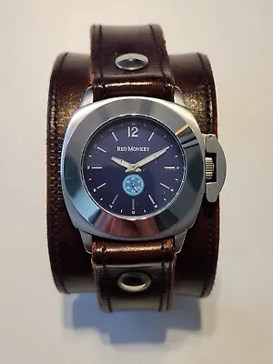 RED MONKEY Le Mans Wide Cuff Watch Brown Leather Blue Face DISCONTINUED **LOOK** • $185