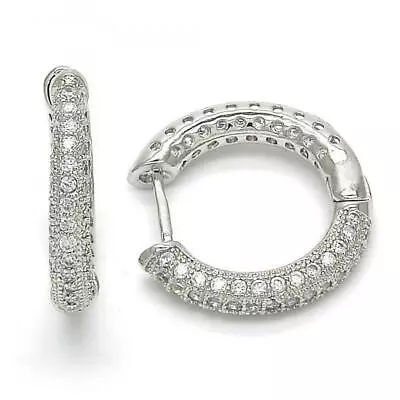 Huggie Womens Medium Rhodium Plated With Micro Pave Cz 20mm Hoop Earrings • $11.99