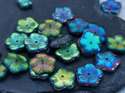 10 Czech Flat Daisy Irridescent Flower Glass Beads - 14mm • £2.20