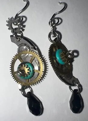 Handmade Steampunk Gear Mechanism Dangle Earrings - Turquoise Accent Time Piece! • $5.45