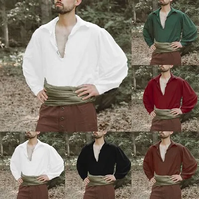 Male Shirt Medieval Office Poet Renaissance Solid Color Uniform V-Neck • £21.62