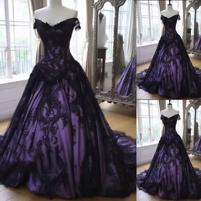 Gothic Black Purple Wedding Dresses Off The Shoulder Lace Appliques Bridal Gowns • $165.11