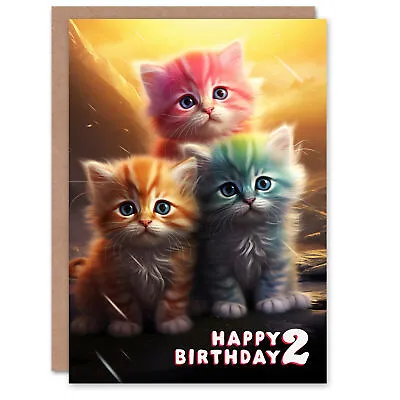 2nd Birthday Greeting Card Cute Rainbow Kittens Kids Age 2 Year Old Child • £4.42