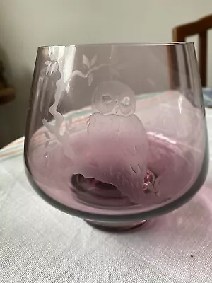 Caithness Glass Vase Engraved With Owl Mauve • £4