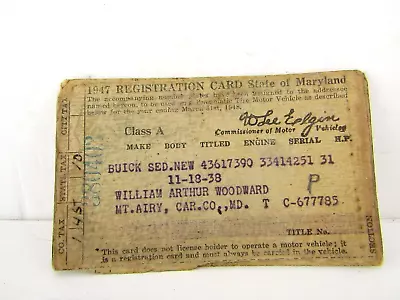 1947 Maryland Car Registration Stub Card Vintage • $11.99