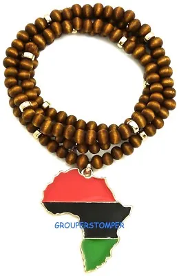 Africa Map Jamaican Pendant Necklace With 30 Inch Long Wood Bead Style Chain • $15.99