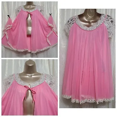 VTG P S Peignoir TWIRLY LUCIE ANN Robe Rich Pink LACE DOUBLE Nylon Fancy Sexy  • $129.99