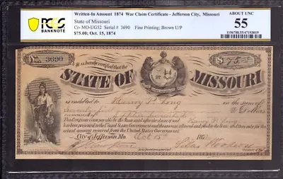 1874 $75 Jefferson City Missouri Civil War Claim Obsolete Note Ug52 Pcgs Au 55 • $119.99