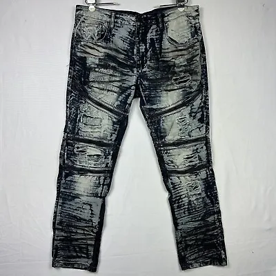 Smoke Rise Moto Jeans Men 36 X30 Blue Acid Wash Denim Distressed Hip Hop Stretch • $27.85