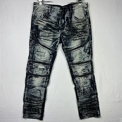 Smoke Rise Moto Jeans Mens 36x30 Blue Acid Wash Denim Distressed Hip Hop Stretch • $27.85