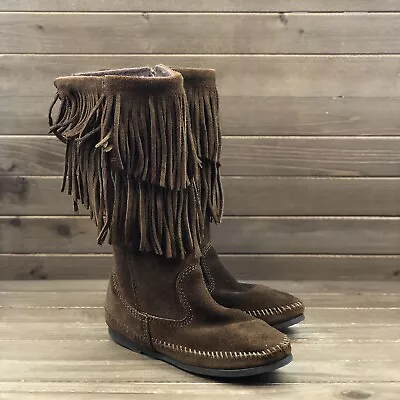 Minnetonka Frill Tassle Brown Suede Moccassin Tramper Boots Women Sz 5 • $39.95