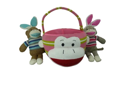 $12 • Buy Pre-Owned Sock Monkey Easter Basket Lot With 2 Sock Monkey/Bunnies