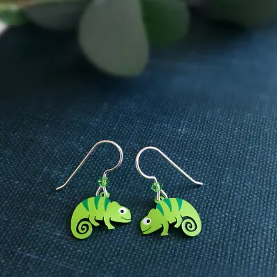 Sienna Sky Earrings Sterling Silver Hook Cute Bright Green Chameleon Unique Fun • $19.40