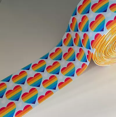 Rainbow Heart Stripe Single Sided Quality Printed Grosgrain Ribbon 3  75mm • £1.95