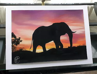 Elephant African Sunset Art Print Pencil Drawing Picture A3 Canvas Wildlife • £25