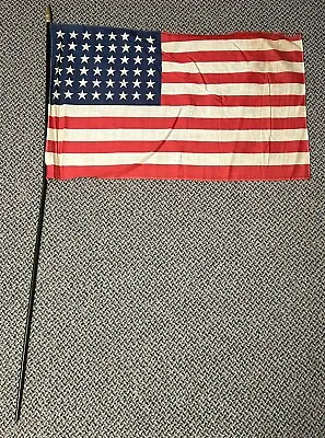 Vintage 48 Star US American Parade Linen Gauze Flag 18”x29” W/ 44” Staff • $19.99