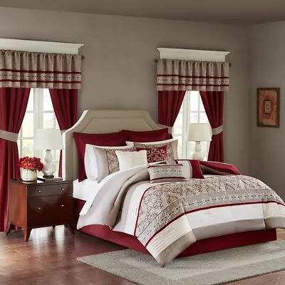 24pc Burgundy & Taupe Embroidered Comforter Set Sheets Pillows Curtains AND M • $237.49