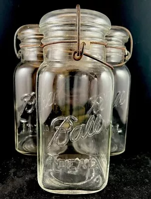 3 Vintage Ball Ideal Clear Square Quart Glass Canning Jars & Lids W Side Wires  • $9.99