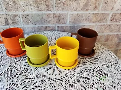 Vintage Tupperware Coffee Mugs With Lids Coasters #1312 Harvest Colors 70s • $24.99