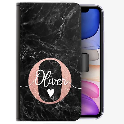 Pink Initial Phone Case;Personalised Black Marble PU Leather Cover With Name • $54.11