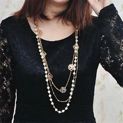 Necklace Long Gold Tone 3 Layer Camelia Multi Row Sweater Chain Faux Peal • £4.92