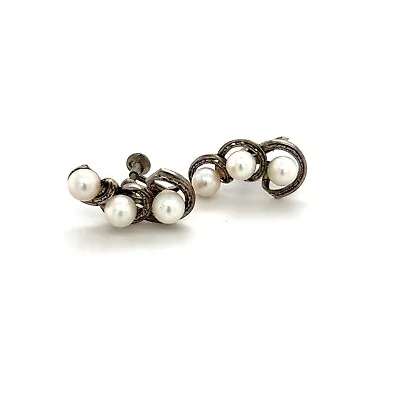 Mikimoto Estate Akoya Pearl Earrings Sterling Silver 5.5 Mm 5.1 Grams M254 • $199.20