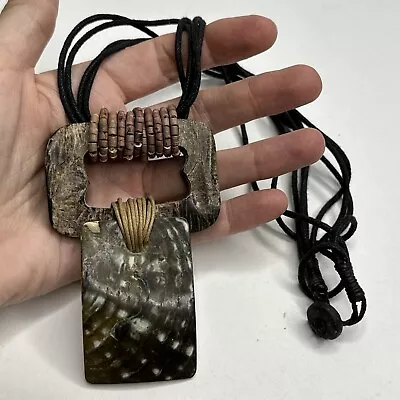 Statement Pendant Necklace Shell Wood Rectangle Multi Strand Black Rope • $12.79