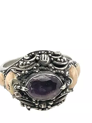 Sterling Silver 925 Ring Vintage Size N Amethyst With Gold Accents Stamped 925 • $37.30