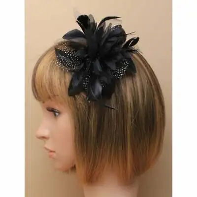 Black Fascinator Comb Flower With Feather Tendrils • £4.60