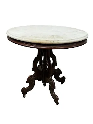 Antique Renaissance  Carved Walnut Victorian Marble Top Table Oval   1870 Parlor • $375