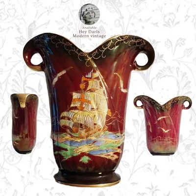 Vintage CROWN DEVON LUSTRE Rouge Fieldings HMS Royal George  |  Twin Handle Vase • $95