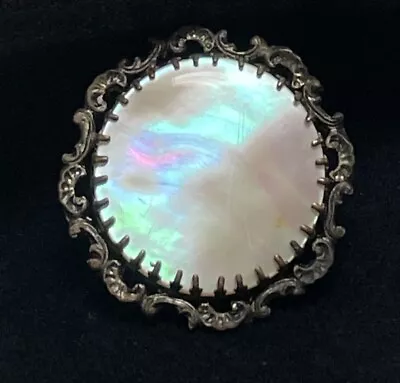 Austria Signed Vintage Mop Mother Of Pearl Round Prong Set Framed Pin Brooch • $19.99