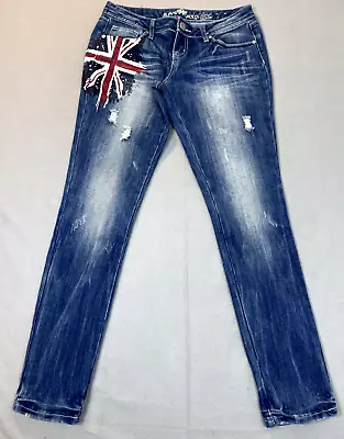 Almost Famous Womens Jeans Size 7/8 Blue Union Jack Flag Designer Denim Pants • £18.98