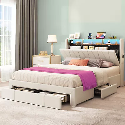 LED Bed Frame King Size Platform Bed W/Storage Upholstered Headboard & 4 Drawers • $315.99