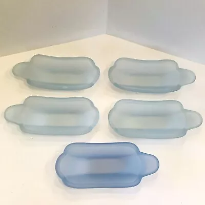 5 Blue Frosted Glass Banana Split Curved Ice Cream Dishes Vintage Glass Serving  • $23.97