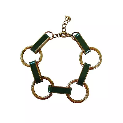 Vintage Mid Century 60's Brass & Green Enamel Link Bracelet • $22