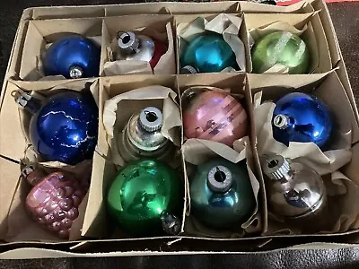 12 VINTAGE 50s/60s GLASS TREE ORNAMENTS - SHINY BRIGHT - MIXED - ETCHED • $19.99